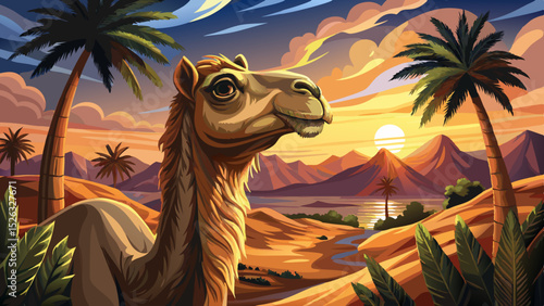 Vector illustration of a desert oasis with palm trees and a resting camel perfect for serene desert travel scenes, nature survival, and exotic landscapes
