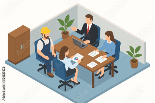 Isometric business team meeting. Manager discusses project with office staff and factory worker in hard hat. Industrial collaboration, teamwork and strategy planning concept.