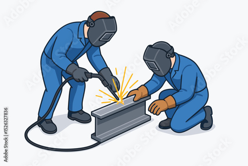 Two welders in uniform and protective masks welding a metal steel beam. Industrial workers team at work. Concept for construction, manufacturing, fabrication, and handyman services.