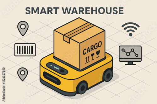 Smart warehouse automation concept. Autonomous robot carrying cargo box. Isometric illustration for logistics, supply chain, inventory management, AGV, and Industry 4.0 technology.