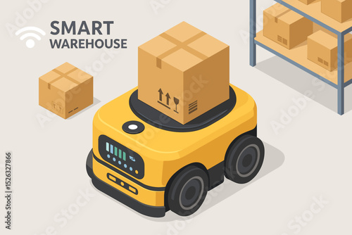Smart warehouse isometric concept. Autonomous mobile robot carries cargo box. Automated guided vehicle for logistics, delivery, and sorting. Modern industrial automation technology vector.