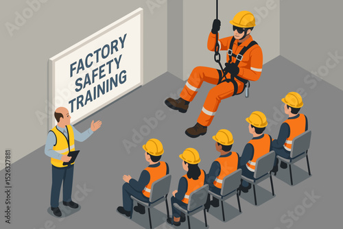 Factory safety training with instructor teaching workers. Industrial climber demonstrates abseiling and fall protection with a safety harness. Workplace safety seminar. Isometric vector.
