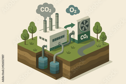 Carbon capture technology infographic. Factory CO2 emissions are processed, releasing clean oxygen. Concept for decarbonization, utilization, storage, and climate change solutions.