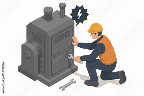 Engineer fixing an industrial machine breakdown. Isometric vector concept of maintenance and repair service. Technician worker with wrench repairing a generator or electrical equipment.