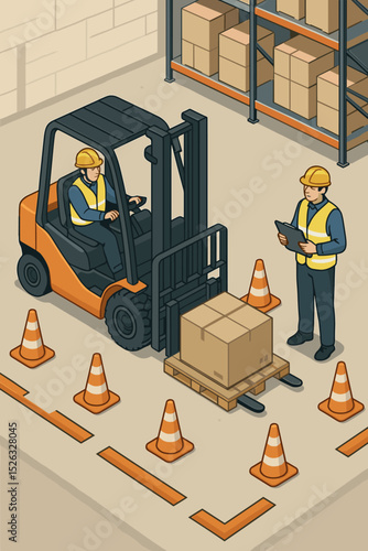 Forklift driver training and safety test concept. Isometric illustration of a warehouse worker operating a lift truck, supervised by an instructor. Logistics and certification course.