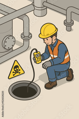 Confined space entry safety check. Worker with gas detector testing air quality in manhole. Industrial technician in PPE measuring toxic gas. Danger sign. Vector illustration.