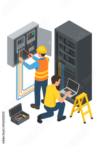 Server room maintenance with electrician and IT specialist. Isometric vector illustration of engineers working on data center hardware, network configuration and electrical wiring.
