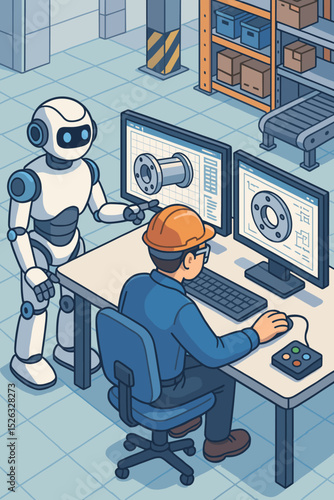 Isometric illustration of a human engineer and AI robot collaborating on a CAD design. Human-robot teamwork in a smart factory. Future of work, automation, and Industry 4.0.