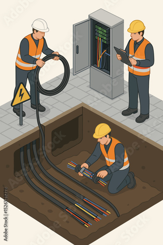 Isometric illustration of fiber optic cable maintenance. Team of technicians repairing underground internet network. Telecommunication engineers working on broadband infrastructure.