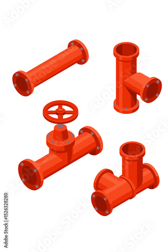Industrial pipeline construction kit. Isometric set of red pipes, valve, tee, and cross fittings. Vector elements for plumbing, fire sprinkler system, and engineering diagrams.