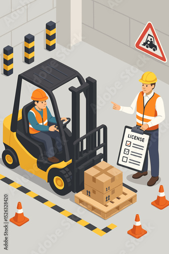 Forklift operator training and safety certification test. Instructor with license checklist teaching worker. Warehouse logistics and vocational education concept. Isometric illustration.