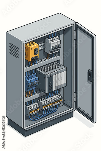 Industrial electrical control cabinet with open door in isometric view. Smart factory automation panel with PLC, circuit breakers, relays, and wiring. Industry 4.0 concept.