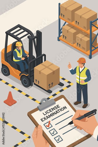 Forklift operator training and license examination. Instructor assessing worker's driving skills in a warehouse. Occupational safety and logistics certification concept. Isometric vector.