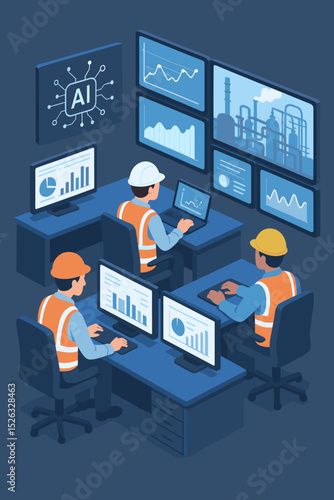Engineers in industrial control room using AI for data monitoring on dashboard screens. Isometric vector concept of Industry 4.0, smart factory, analytics, and process automation.