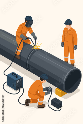 Isometric vector of industrial workers. Welder in PPE welding a large gas pipeline seam. Technician performs non-destructive testing NDT quality control inspection on the weld.