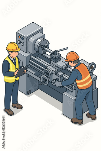 Supervisor training a machinist on a metal lathe machine in a factory. Industrial vector concept for apprenticeship, vocational education, manufacturing, metalwork, and engineering.