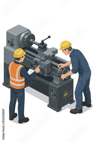Isometric concept of lathe machine training. Instructor supervising a factory worker operating metalworking equipment. Industrial manufacturing, vocational education, and apprenticeship.
