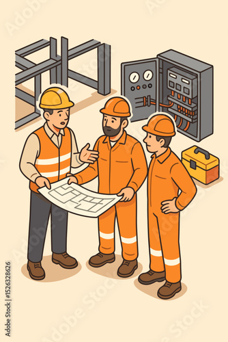 Foreman and technicians coordinating on project. Engineer discussing a blueprint with industrial workers. Team of electricians planning work at a construction site near a control panel.