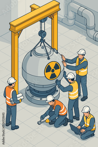 Engineers team installing a micro nuclear reactor in a power plant. Isometric vector concept of atomic energy production, teamwork, industrial safety, and high-tech machinery.