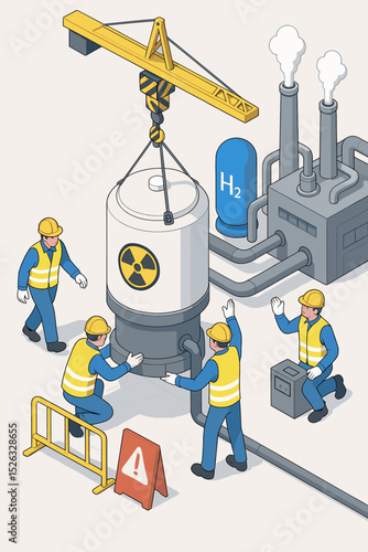 Workers installing a small modular nuclear reactor SMR. Future clean energy concept with hydrogen production. Isometric vector of a power plant, crane, and industrial engineers.