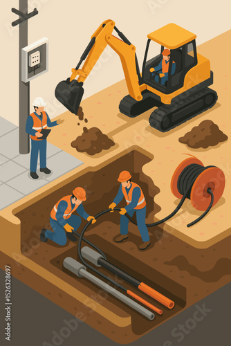 Isometric illustration of construction workers installing underground electrical cables. Team of builders in a trench laying power lines with an excavator digging. Utility infrastructure.