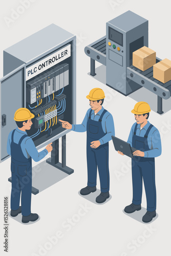 Engineers training on a PLC controller panel in a smart factory. Industrial automation concept. Technicians with laptop programming a conveyor belt. Manufacturing and maintenance.
