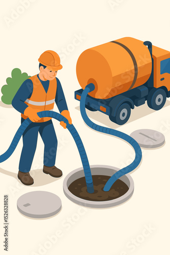 Septic tank cleaning service with vacuum truck. Professional plumber pumping waste from cesspool. Sewer maintenance and sewage disposal concept. Isometric vector illustration.
