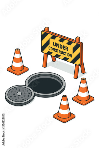 Under construction sign with open manhole, cover, and traffic cones. Isometric vector illustration for road repair, maintenance, or danger warning. Work in progress concept.
