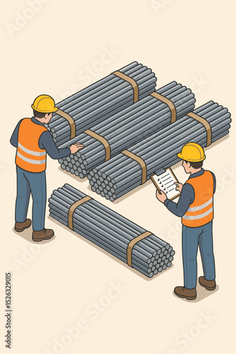 Construction workers inspecting steel rebar inventory. Isometric vector of builders with clipboard doing quality control. Building materials and logistics teamwork on site concept.