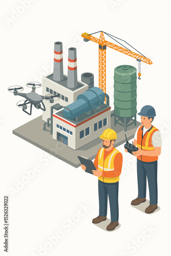 Engineers use drone for industrial inspection. Isometric vector concept of aerial factory survey and construction site monitoring. Workers with remote control and tablet technology.