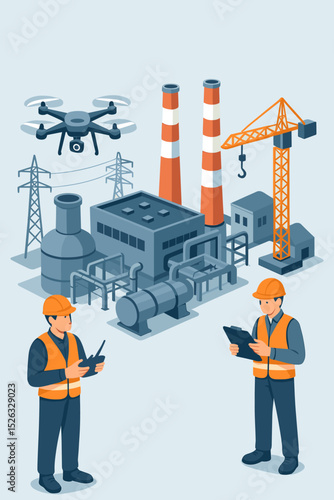 Industrial drone inspection vector concept. Engineers operate UAV with remote control for factory survey. Aerial monitoring and maintenance of a power plant or construction site.