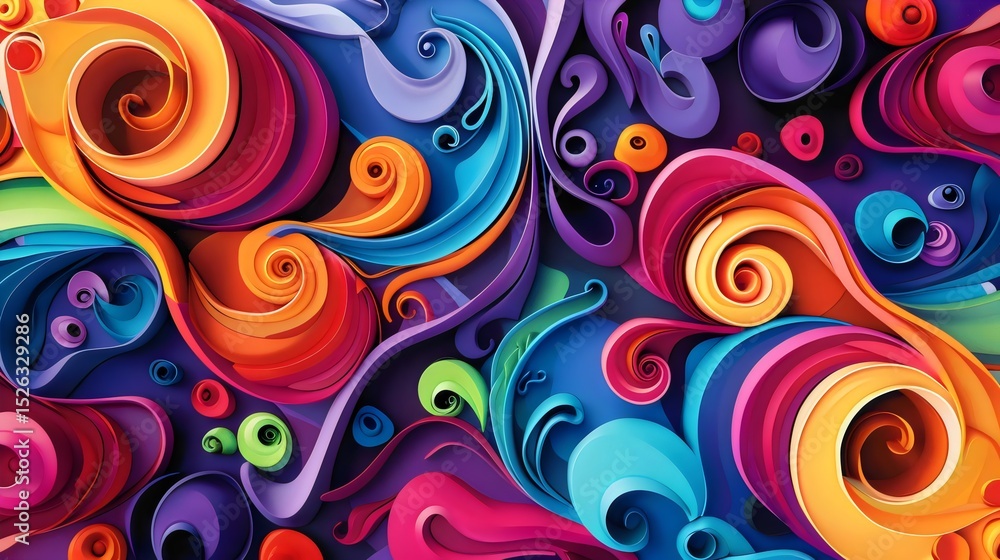 A vibrant swirl of colorful paper quilling, a playful dance of orange, blue, and purple hues in a whimsical design A vibrant swirl of colorful paper quilling, a playful dance of orange, blue, and purple hues in a whimsical design