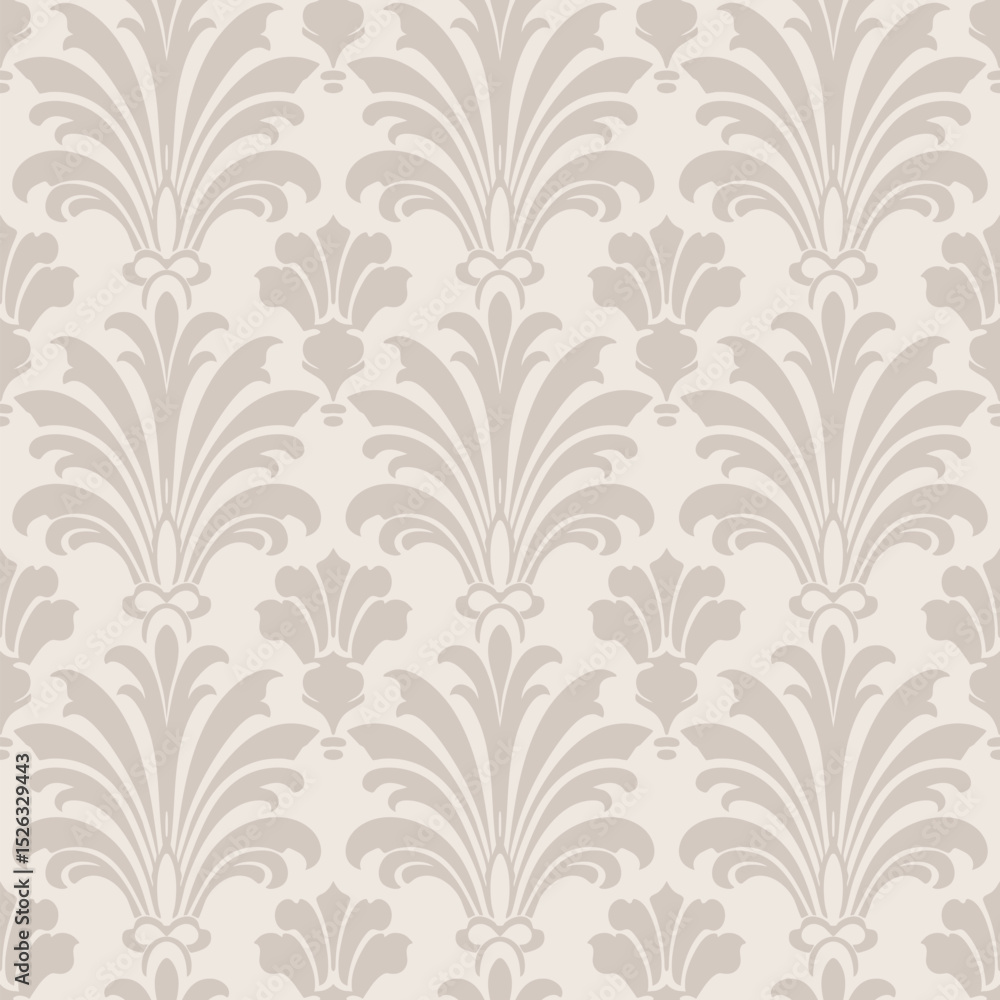 Luxury art deco seamless pattern. Abstract floral geometric ornament with curly elements, feathers, leaves. Subtle beige vector background in rococo, revival, renaissance, baroque, damask style design Luxury art deco seamless pattern. Abstract floral geometric ornament with curly elements, feathers, leaves. Subtle beige vector background in rococo, revival, renaissance, baroque, damask style design