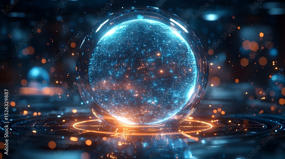 Obraz premium A futuristic quantum internet hub with synchronized holographic orbs