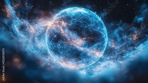 Futuristic blue digital planet wrapped in quantum internet streams