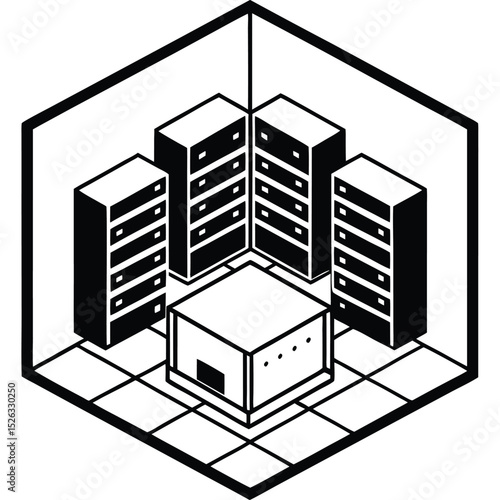 Server Room Illustration, isometric building isometric line art vector eps