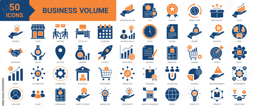 Fototapeta premium Business Volume icon collection set. Containing new product, sales, revenue, reward, money flow, deal, tax, profit, turnover, store, meeting, office life, demand, capital icon. Simple flat vector