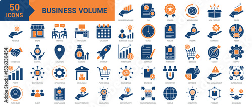 Business Volume icon collection set. Containing new product, sales, revenue, reward, money flow, deal, tax, profit, turnover, store, meeting, office life, demand, capital icon. Simple flat vector