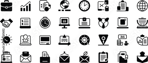 Business icons set, vector illustration, project planning, communication, time management, document handling, analytics, email, global, office symbols