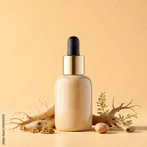 natural essential oil bottle with ginseng root and dried herbs, hyper realistic, beige tones