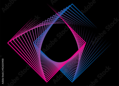 Abstract flowing rectangular geometric shapes from thin colored lines on black background. Modern technological design element. Vector background for covers, advertising, posters. Grid