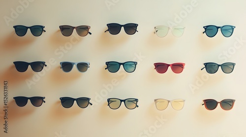 A vibrant display of sunglasses in various styles arranged neatly on a bright wall background