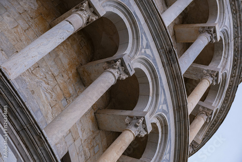 Leaning Tower of Pisa close-up. Detailed image of the Italian architectural wonder. Miracle Square, symbol of Italy, wonder of the world