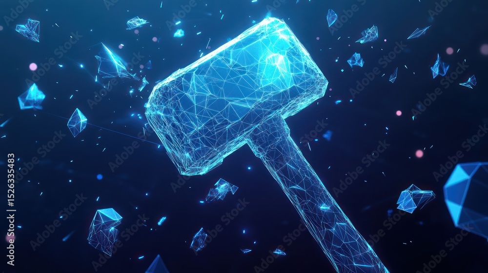 Naklejka premium Digital hammer shattering crystals, dark blue background, tech concept