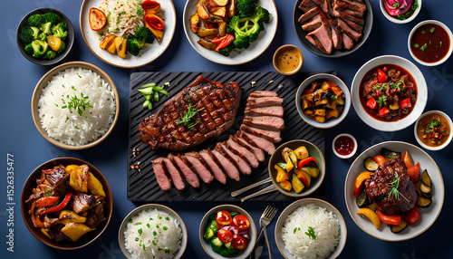 Wallpaper Mural Flame-Grilled Meat with Steamed Rice and Fresh Veggie Sides Torontodigital.ca