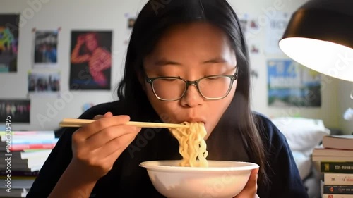 Young person eating instant noodles
