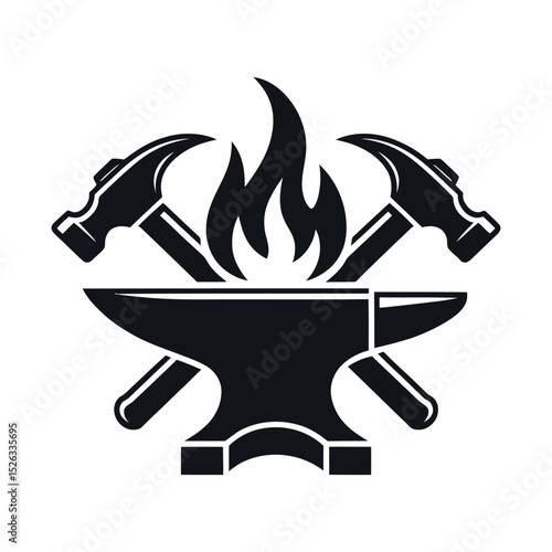 Blacksmith Logo Design with Anvil Hammers and Flame Silhouette Represents Metalworking Craftsmanship and Traditional Skills in a Simple and Modern Vector Illustration