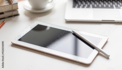 Digital tablet with stylus and coffee cup on an office desk  