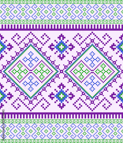  Geometric pixel art pattern. Abstract pixel art geometric pattern design for fabric, carpet, tile, clothing, embroidery, needlepoint and background. Vector pixel art seamless motif Native American.  