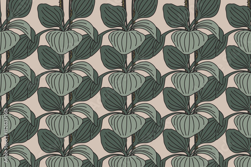 Botanical floral seamless pattern with plantain bushes vector illustration. Repeating plantain leaves plants in beige background. Graphic design for Fashion Wedding Textile Greeting Card Cover Print